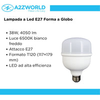 Lampada A Led E27 Globo T120 38W 4050LM Bianco Freddo 6500K 117X179mm