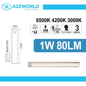 Lampada Barra LED con Sensore di Movimento 1W 80lm 235X40X8mm CCT Dimmerabile 3 Modalità, Batteria Ricaricabile USB 5V 1A, con Calamita, Slim per Armadi e Mobili, Sotto Pensile, Anche In Auto Camper
