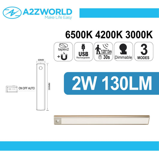 Lampada Barra LED con Sensore di Movimento 2W 130lm 300X40X8mm CCT Dimmerabile 3 Modalità, Batteria Ricaricabile USB 5V 1A, con Calamita, Slim per Armadi e Mobili, Sotto Pensile, Anche In Auto Camper