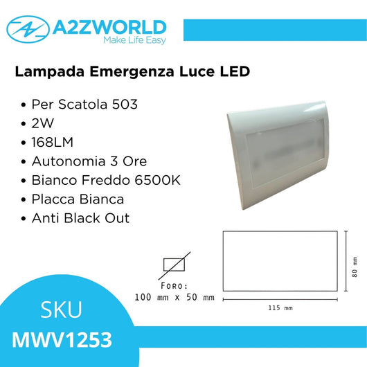Lampada Emergenza Luce Led Per Scatola 503, 2W 168LM Autonomia 3 Ore, Bianco Freddo 6500K, Placca Bianca, Anti Black Out