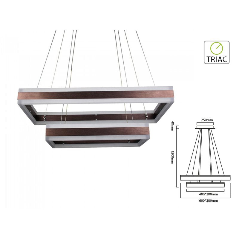 Lampada Led A Sospensione Rettangolare Colore Coffee Marrone Doppio Anello 600X300mm 400X200mm 3000K 100W Dimmerabile Triac Dimmer SKU-3988