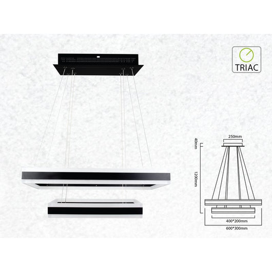 Lampada Led A Sospensione Rettangolare Colore Nero Doppio Anello 600X300mm 400X200mm 3000K 100W Dimmerabile Triac Dimmer SKU-3987