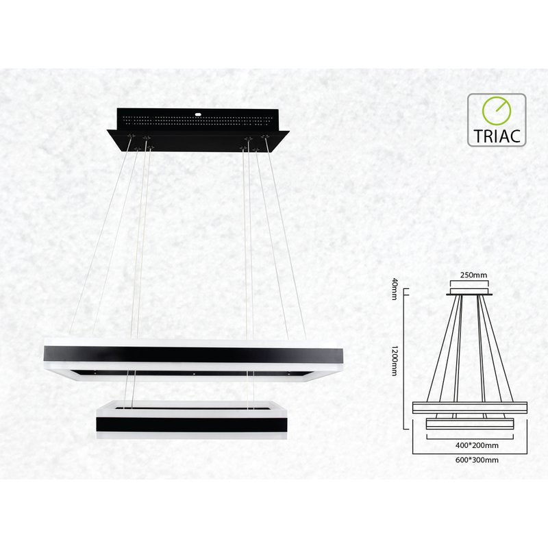 Lampada Led A Sospensione Rettangolare Colore Nero Doppio Anello 600X300mm 400X200mm 3000K 100W Dimmerabile Triac Dimmer SKU-3987