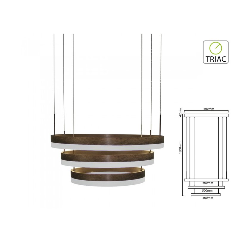 Lampada Led A Sospensione Rotonda Colore Caffe Marrone Tripli Anelli Diametro 600mm 500mm 400mm 3000K 80W Dimmerabile Triac Dimmer SKU-3991