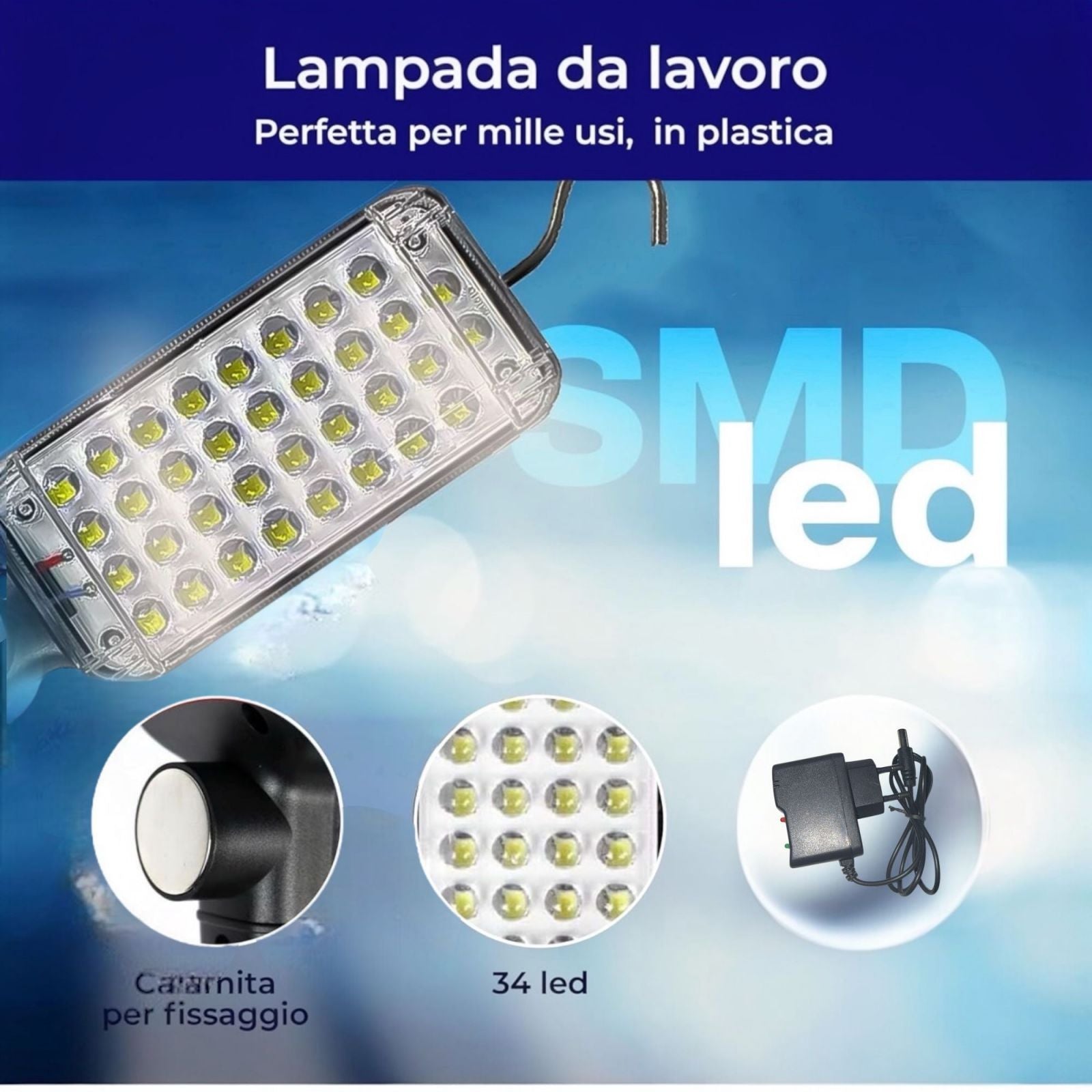 Lampada Torcia Lavoro Base Calamitata Portatile 34 LED ricaricabile 37606