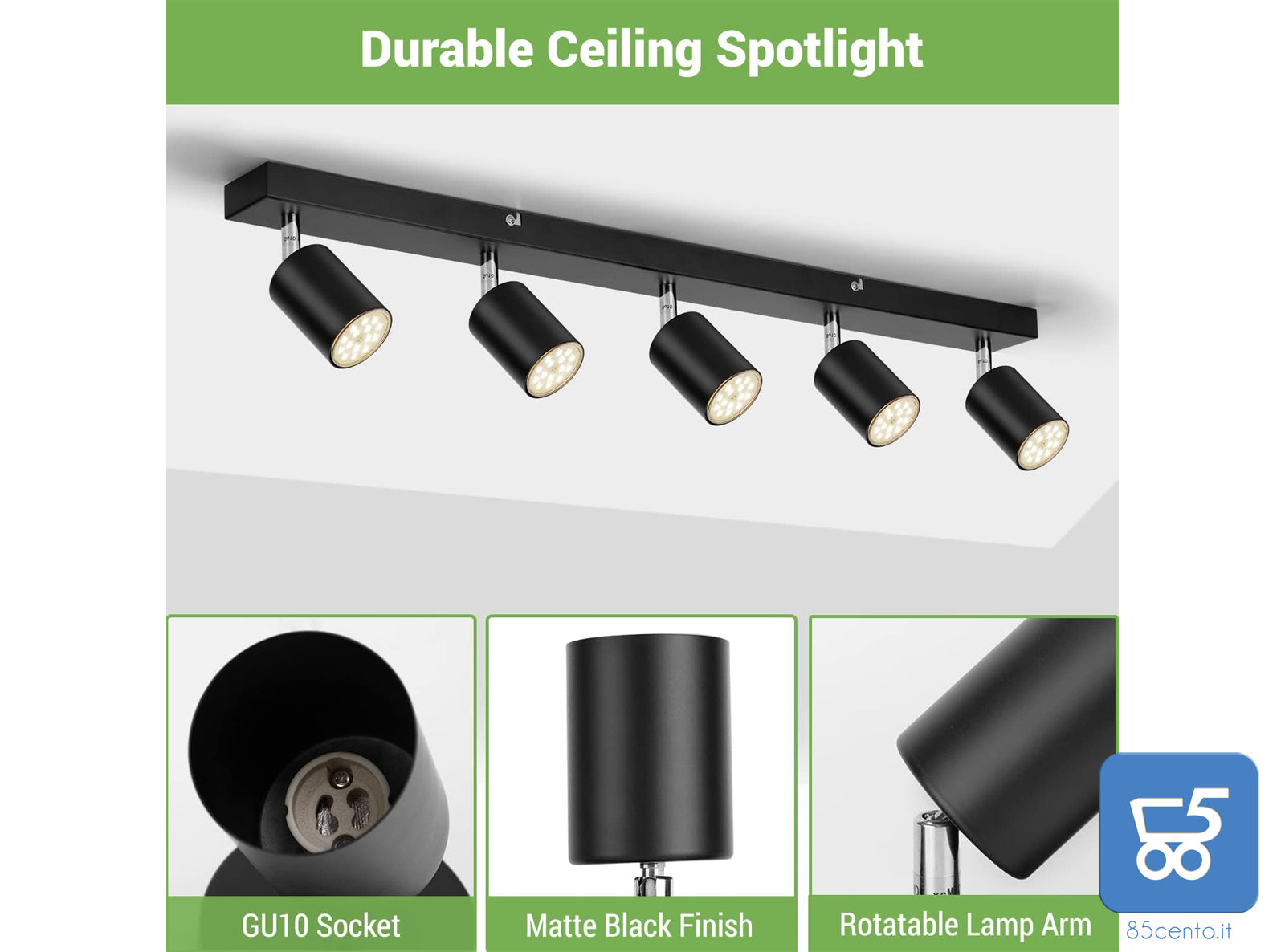 Lampada da Parete e Soffitto con 5 Lampadine GU10 2700K Bianco Caldo 550LM 6W