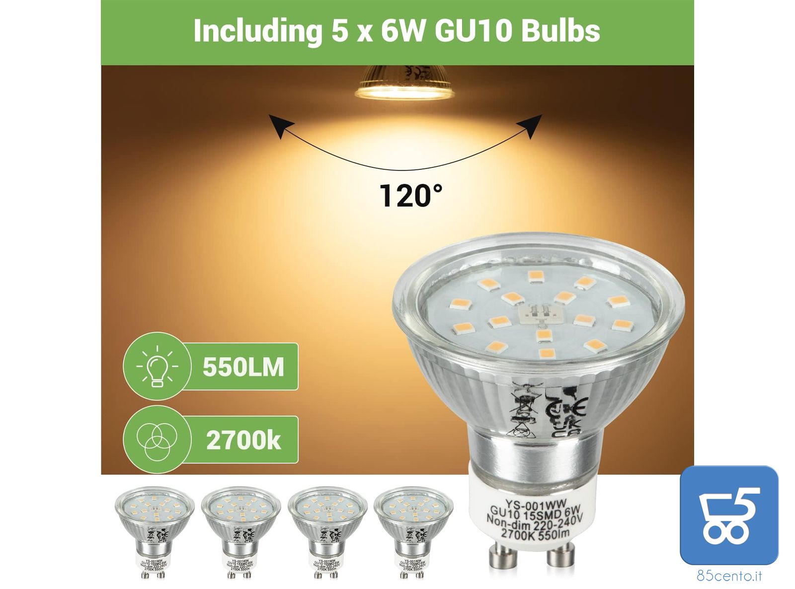 Lampada da Parete e Soffitto con 5 Lampadine GU10 2700K Bianco Caldo 550LM 6W