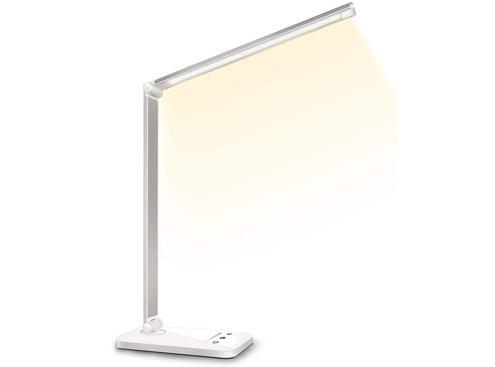 Lampada da Scrivania a LED Regolabile 5 Colori e 10 Livelli di Luminosità Lampada da Comodino e Lettura con Ricarica USB per Smartphone