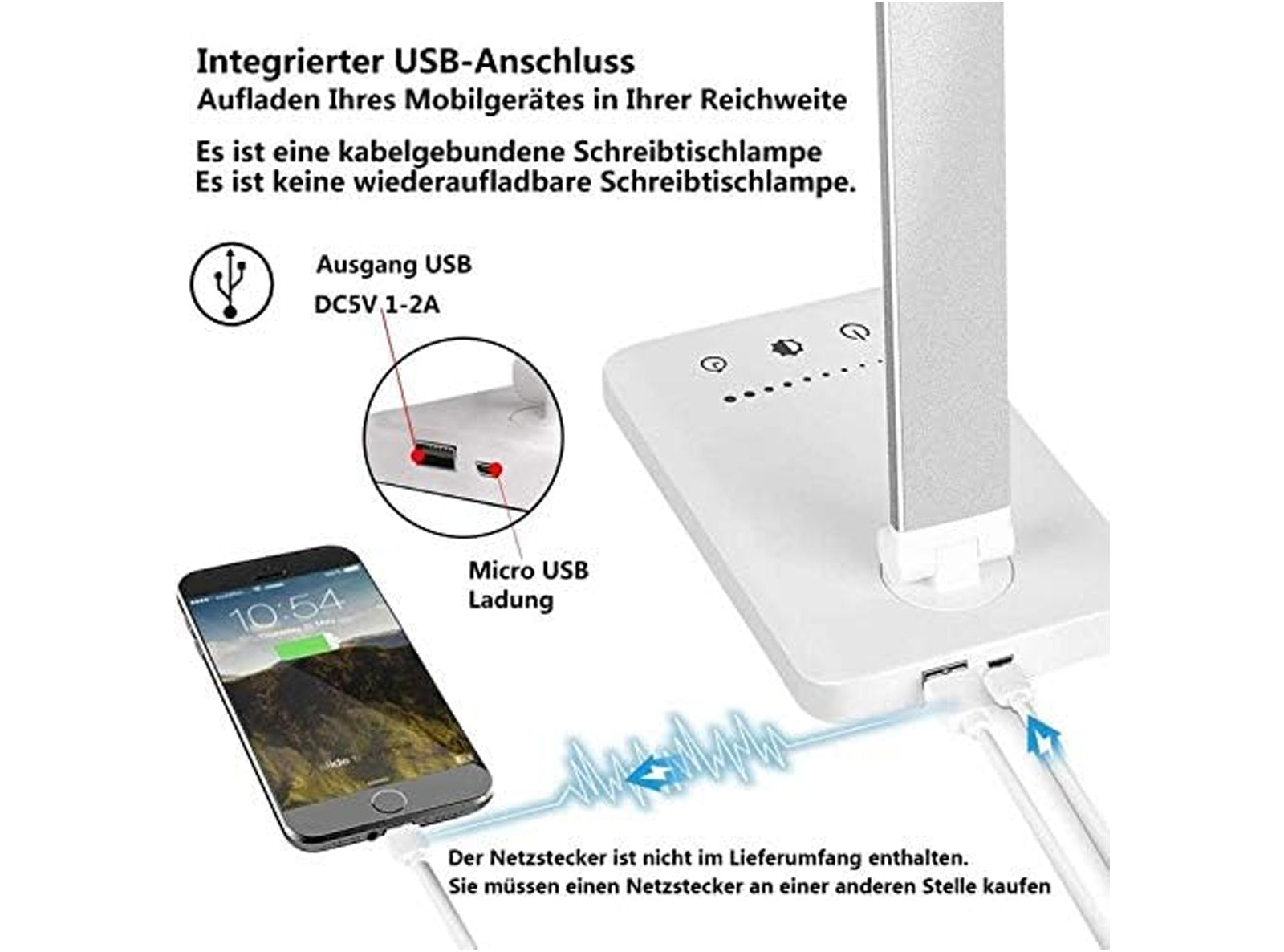 Lampada da Scrivania a LED Regolabile 5 Colori e 10 Livelli di Luminosità Lampada da Comodino e Lettura con Ricarica USB per Smartphone