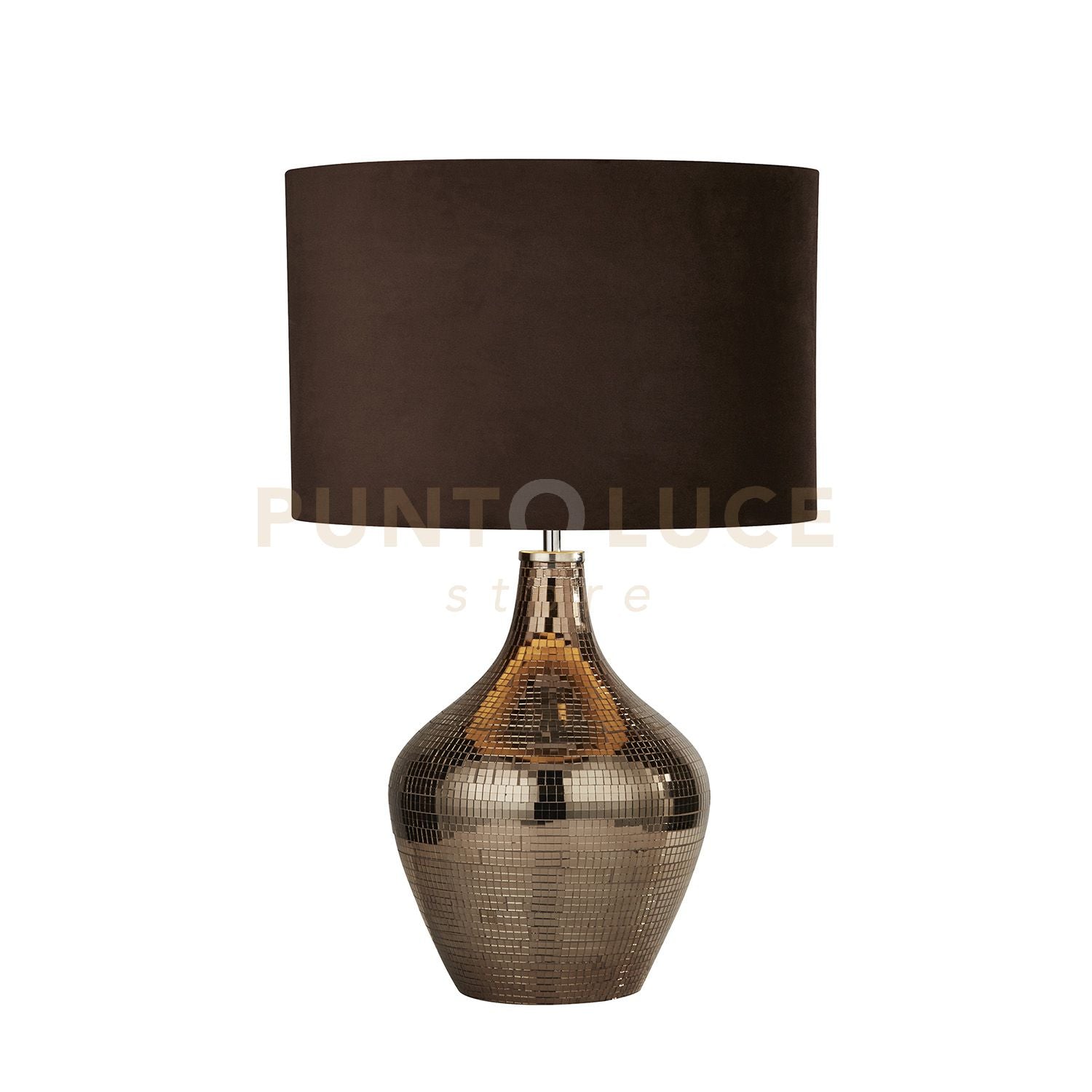 Lampada da tavolo Disco - Mosaico in ceramica e paralume in pelle scamosciata marrone