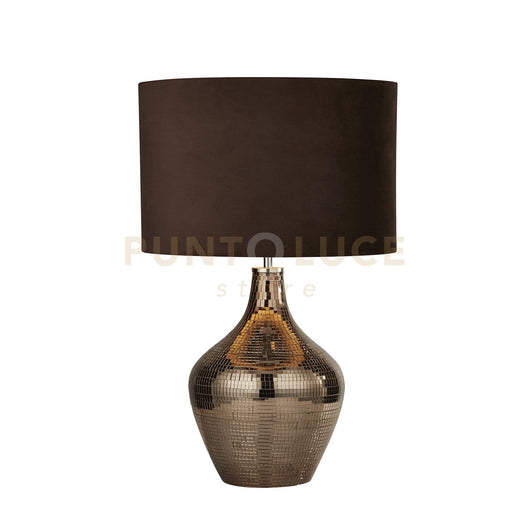 Lampada da tavolo Disco - Mosaico in ceramica e paralume in pelle scamosciata marrone