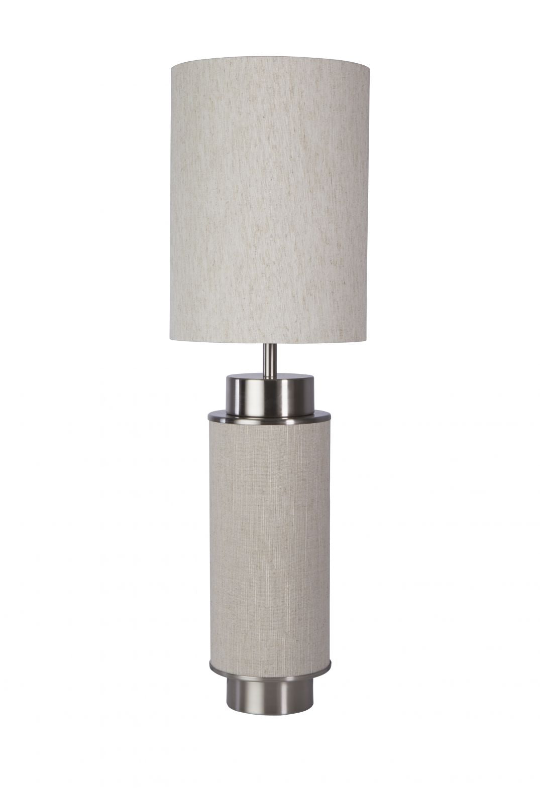 Lampada da tavolo Flask - nichel satinato, tela di iuta grigia e paralume bianco