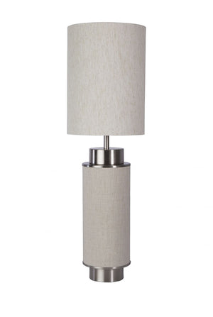 Lampada da tavolo Flask - nichel satinato, tela di iuta grigia e paralume bianco