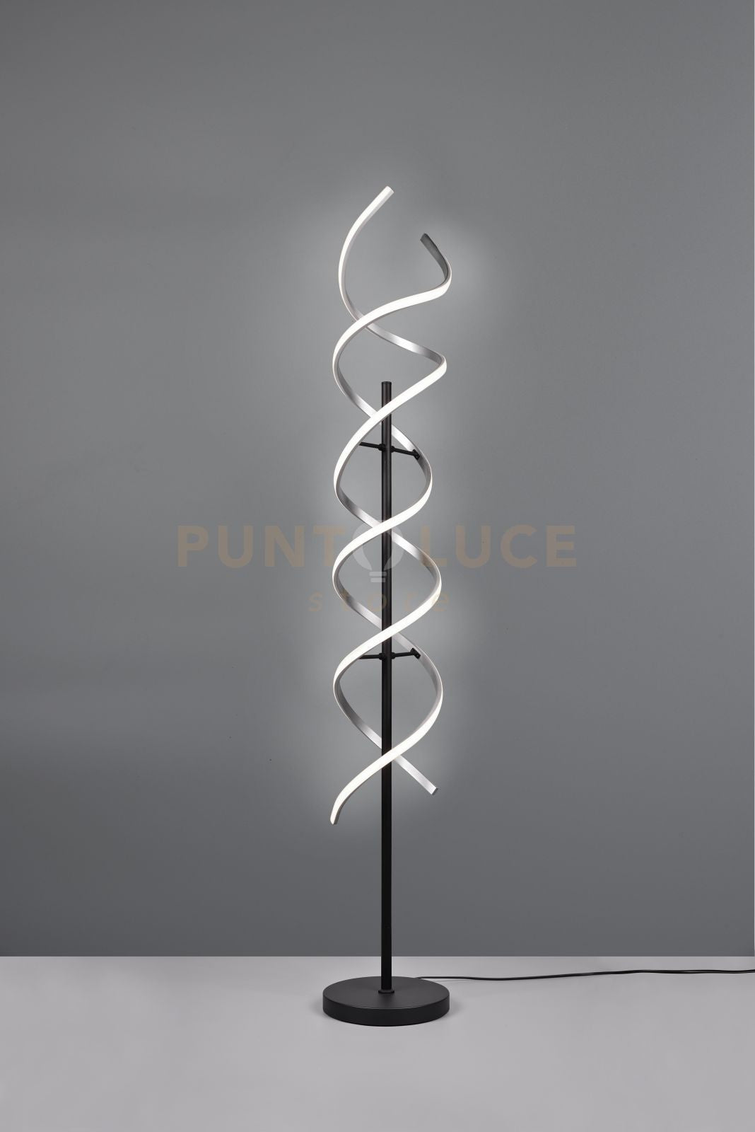 SEQUENCE PIANTANA LED 32W 4000lm, 2300+3000+4000K SPIRALE METALLO ALLUMINIO E NERO CON REGOLAZIONE INTENSITA' E TEMPERATURA DI COLORE DELLA LUCE CON INTERRUTTORE TOUCH H. 150CM
