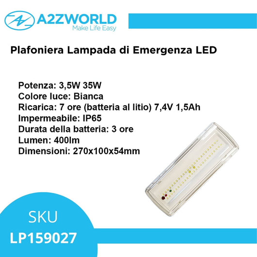 Lampada di Emergenza a LED 3.5W 400lm Luce Fredda 6500K Autonomia 3 Ore Batteria Ricaricabile al Litio, Montaggio da Parete o Soffitto Come Plafone