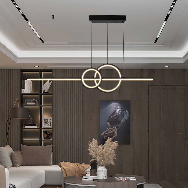 Lampadario LED a Sospensione 15W 1500lm dal Design Moderno 2 Anelli + Barra Led Colore Nero 4000K SKU-6935