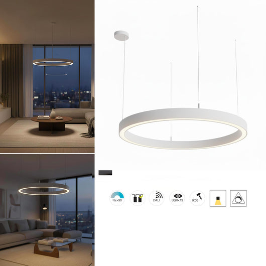 LAUTARO Lampadario LED 59W Pendente Lampada a Sospensione Circolare DALI Dimmerabile 90cm Luce Sala Ricevimento Ristorante Albergo BIANCO 3000K