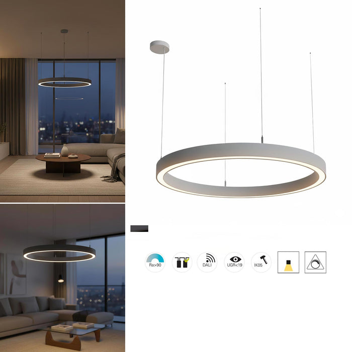 LAUTARO Lampadario LED 59W Pendente Lampada a Sospensione Circolare DALI Dimmerabile 90cm Luce Sala Ricevimento Ristorante Albergo GRIGIO 4000K