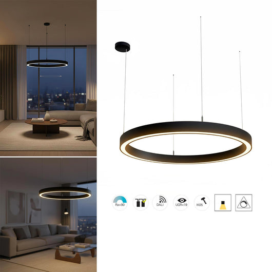 LAUTARO Lampadario LED 59W Pendente Lampada a Sospensione Circolare DALI Dimmerabile 90cm Luce Sala Ricevimento Ristorante Albergo NERO 4000K