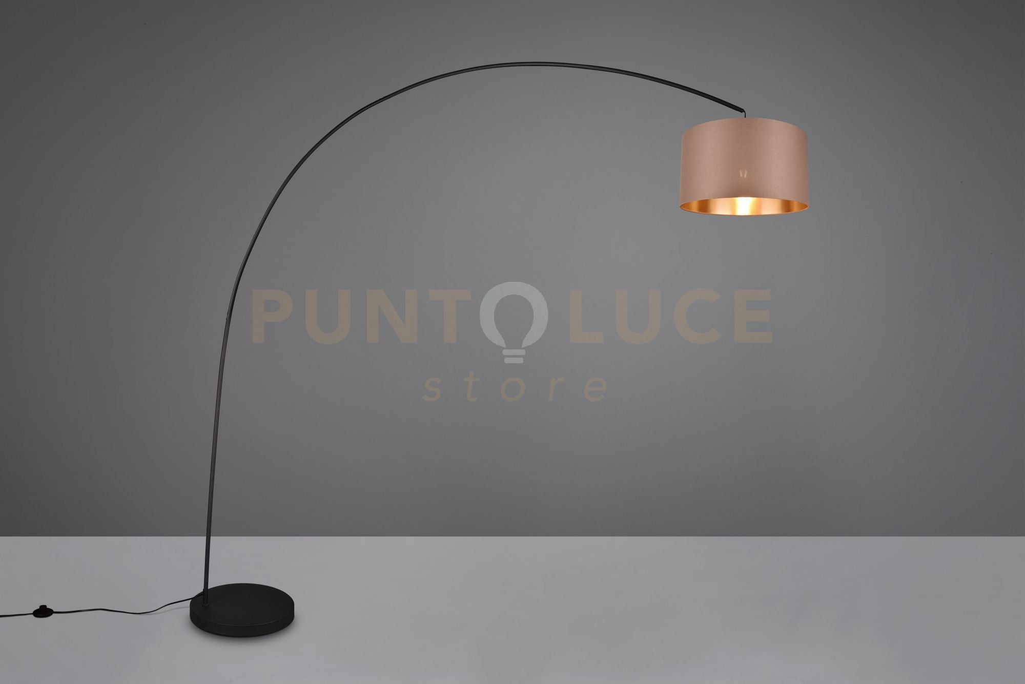 MANSUR PIANTANA METALLO NERO AD ARCO CON PARALUME TORTORA ED ORO H. 200CM 1 LUCE ATTACCO E27