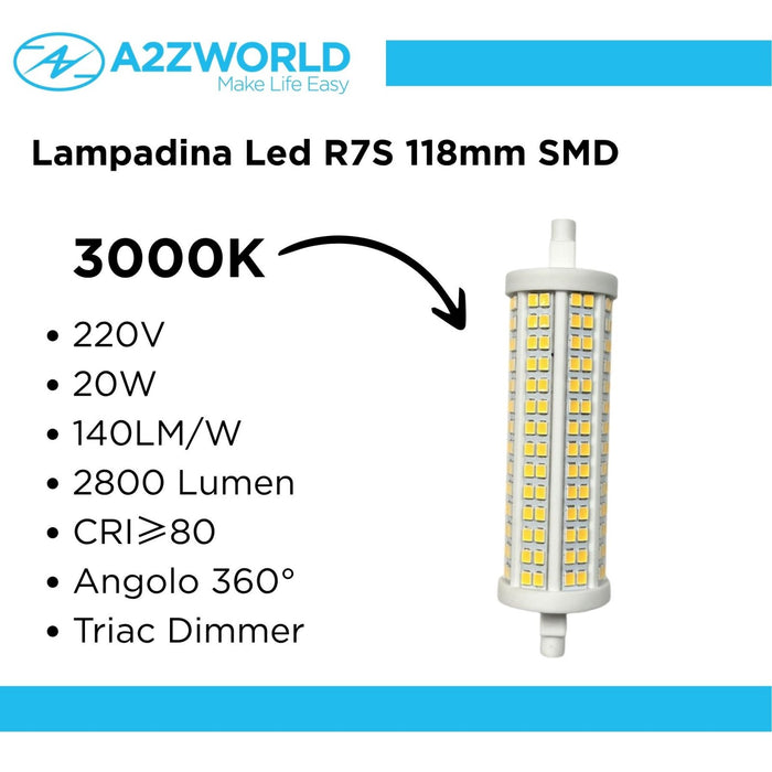 Lampadina Led R7S 118mm SMD 220V 20W 140LM/W Bianco Caldo 3000K >80 360° Triac Dimmer IP20 2800 Lumen