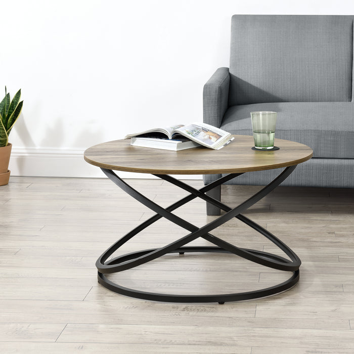 Tavolino da Salotto Dunedin con Piano Rotondo e Base Spirale - Effetto Legno / Nero [en.casa]