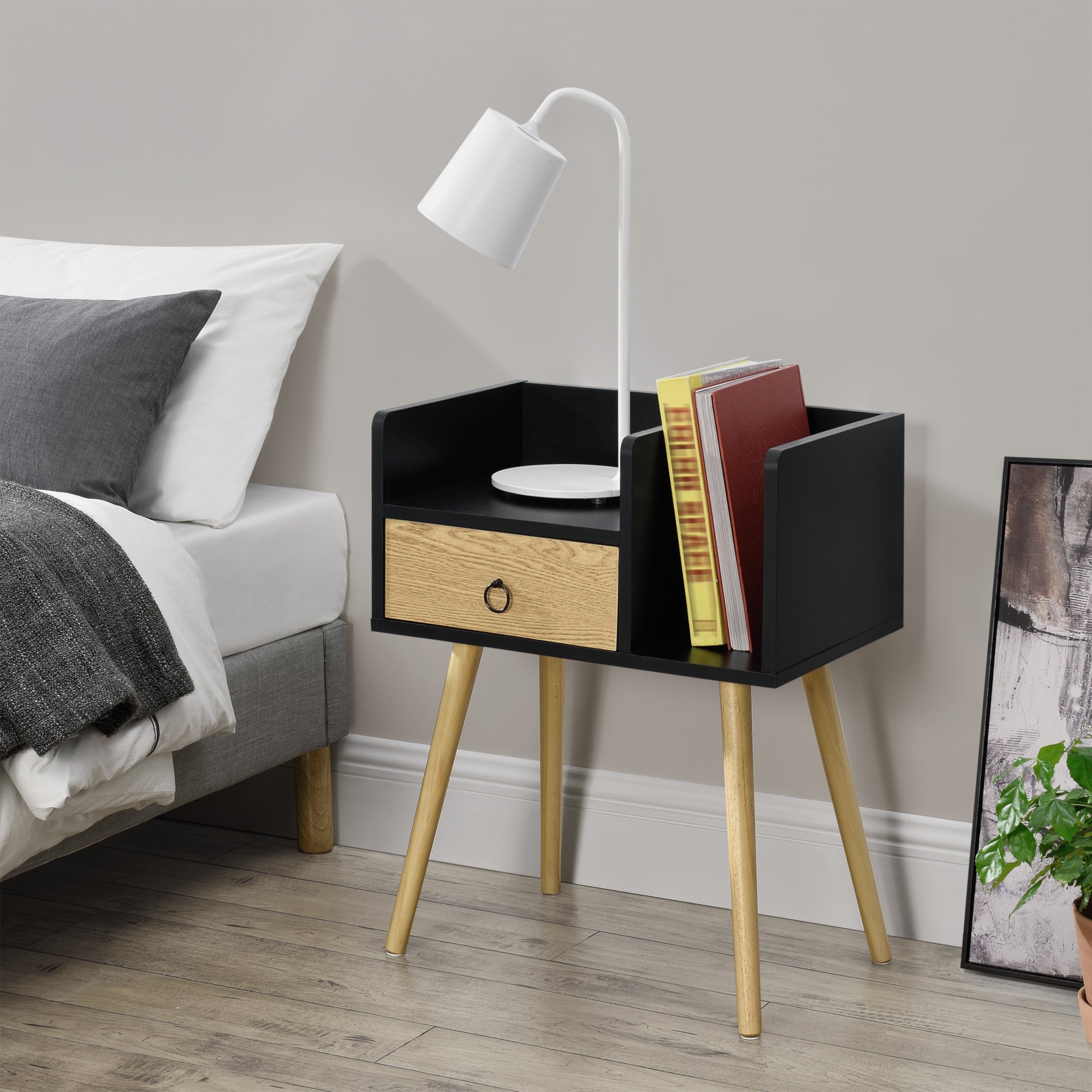 Comodino Gibbston con Cassetto e 2 Scomparti Aperti 64x50x36 cm - Nero/Colore Legno [en.casa]