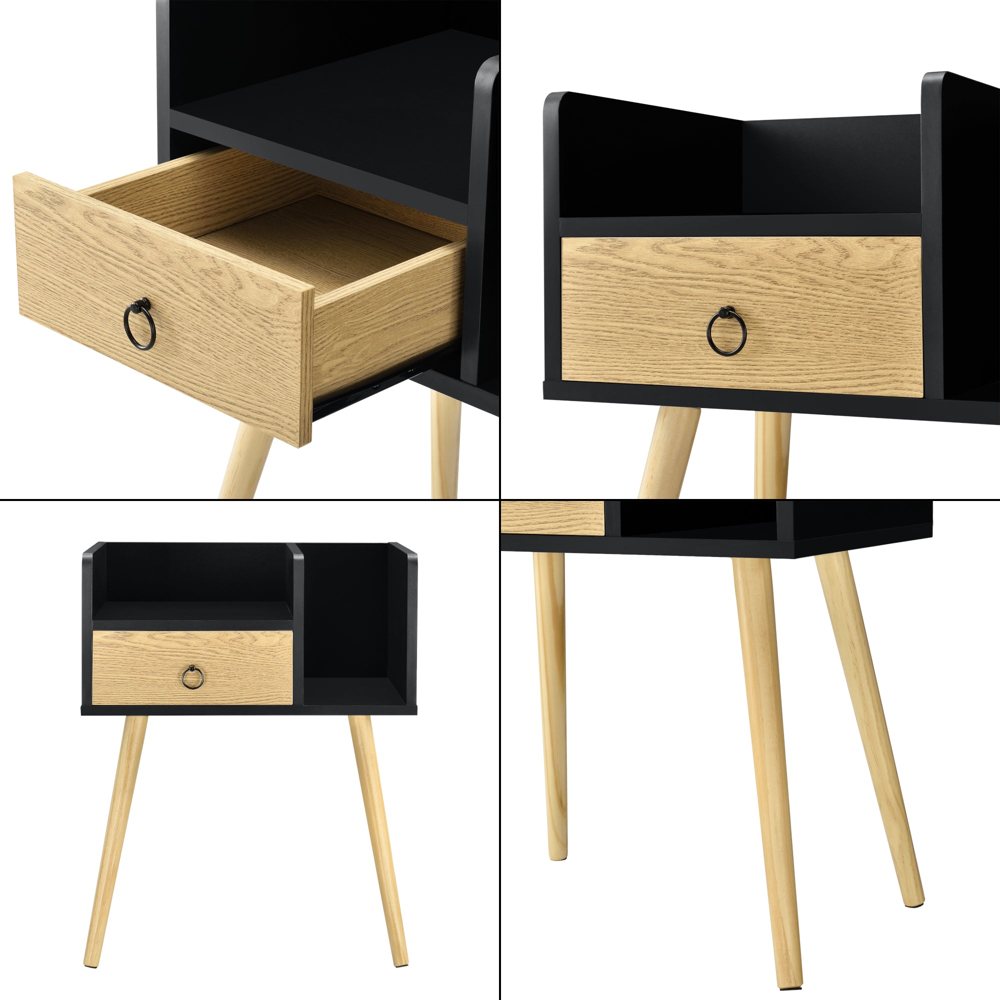 Comodino Gibbston con Cassetto e 2 Scomparti Aperti 64x50x36 cm - Nero/Colore Legno [en.casa]
