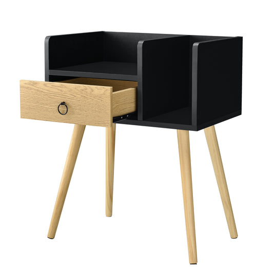 Comodino Gibbston con Cassetto e 2 Scomparti Aperti 64x50x36 cm - Nero/Colore Legno [en.casa]