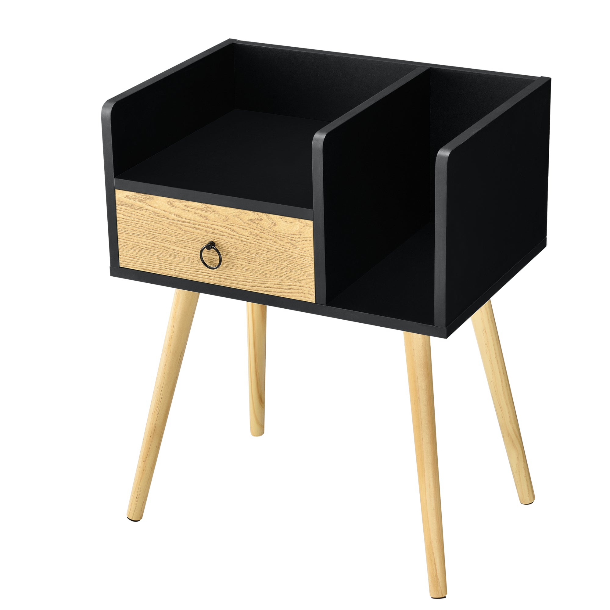 Comodino Gibbston con Cassetto e 2 Scomparti Aperti 64x50x36 cm - Nero/Colore Legno [en.casa]