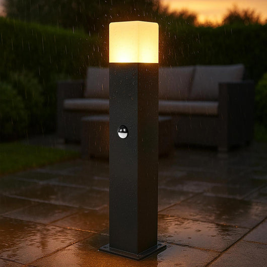 Lampione LED E27 da giardino con sensore movimento crepuscolare lampioncino IP44 luce garage parcheggio 44cm COLORE NERO