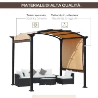 Pergola con Tende Scorrevoli da Giardino 295x245cm, Gazebo a Pergola da Esterno in Metallo Cachi