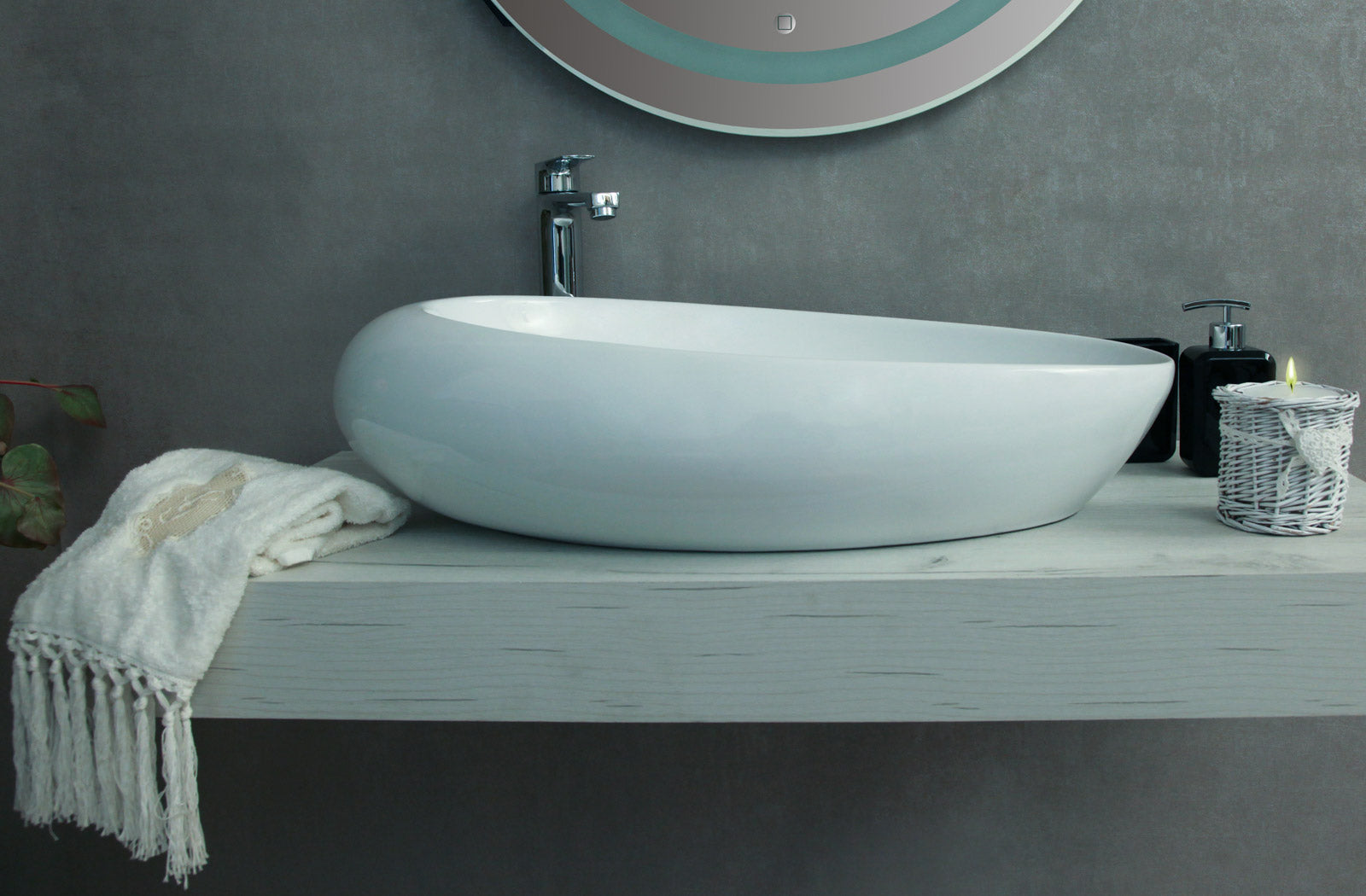 Lavabo bagno da appoggio senza troppo pieno 69x45x18,5 cm bianco Mues Mega