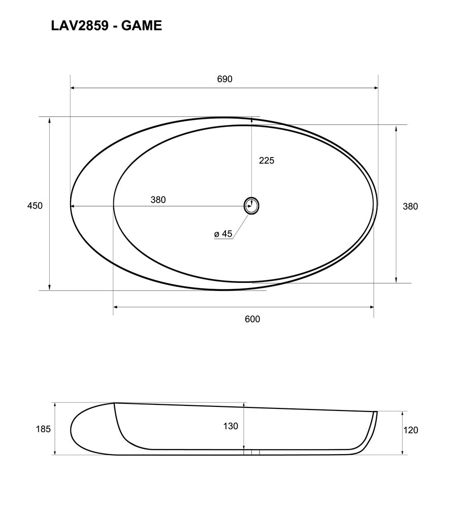 Lavabo bagno da appoggio senza troppo pieno 69x45x18,5 cm bianco Mues Mega
