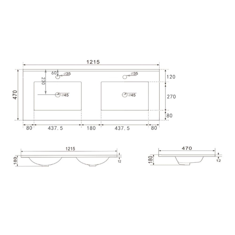 Lavabo da appoggio 20331 in ceramica due vasche 121.5x47 cm colore bianco