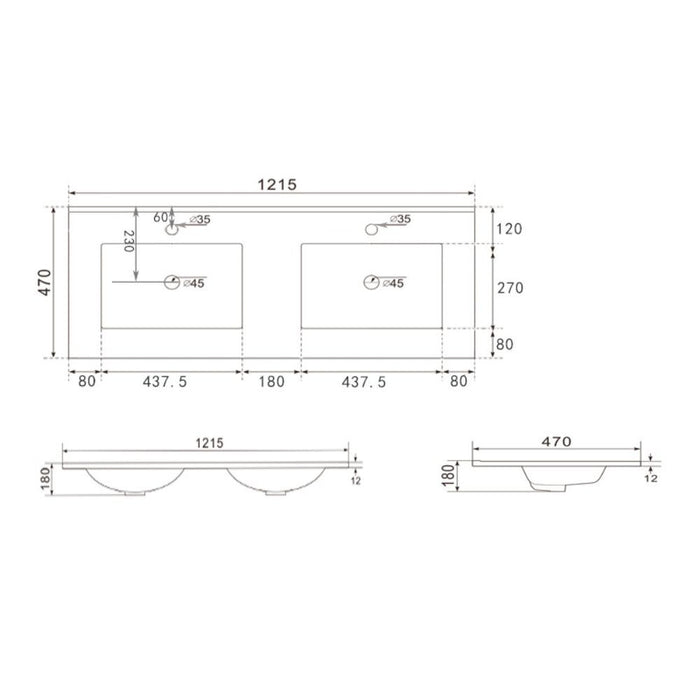 Lavabo da appoggio 20331 in ceramica due vasche 121.5x47 cm colore bianco