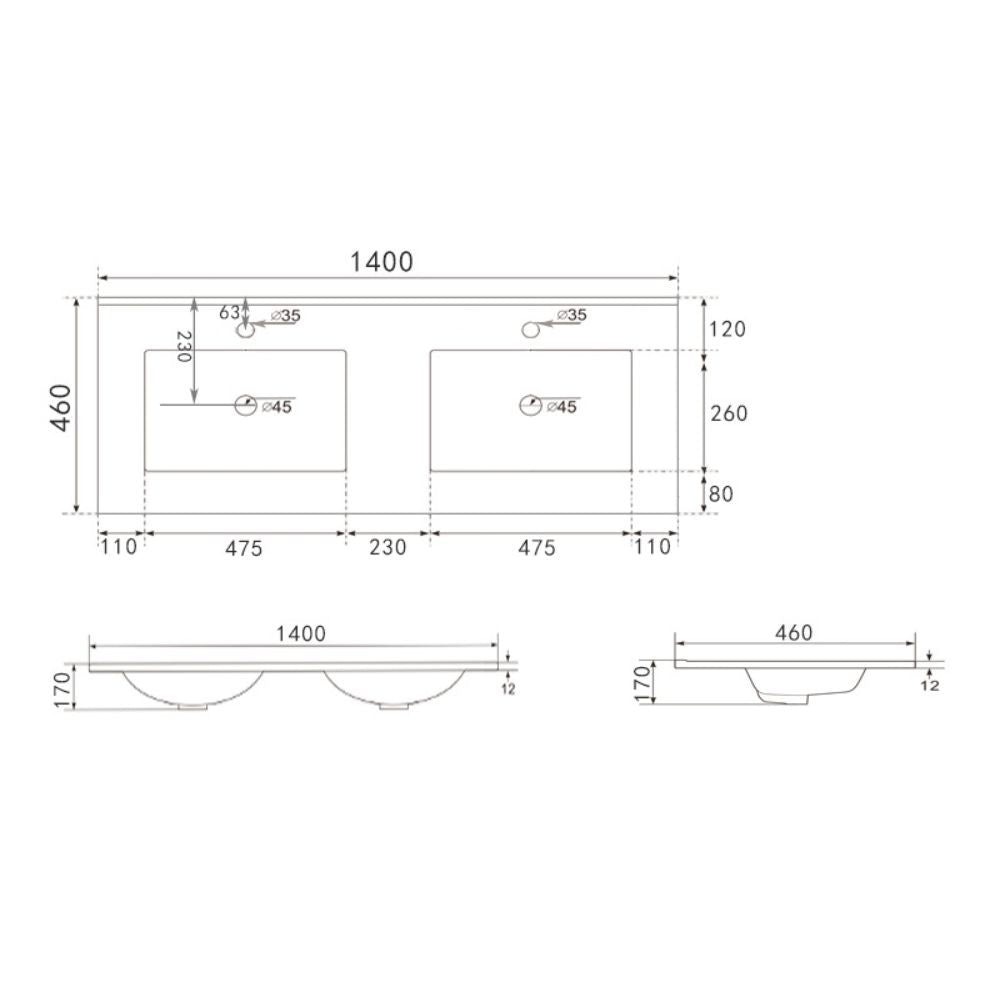Lavabo da appoggio 385983 in ceramica due vasche 140x46 cm colore bianco lucido