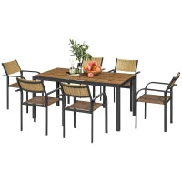 Set Tavolo da Giardino Allungabile con 6 Sedie da Esterno Impilabili, Acciaio e Textilene, Marrone