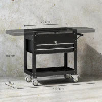 Carrello da officina, su rotelle con piano scorrevole, cassetti bloccabili, 130x38x80cm, Nero