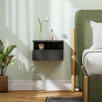 Comodino Sospeso per Camera da Letto con Cassetto e Ripiano Aperto in Legno, 35x32x22.5 cm, Nero Lucido