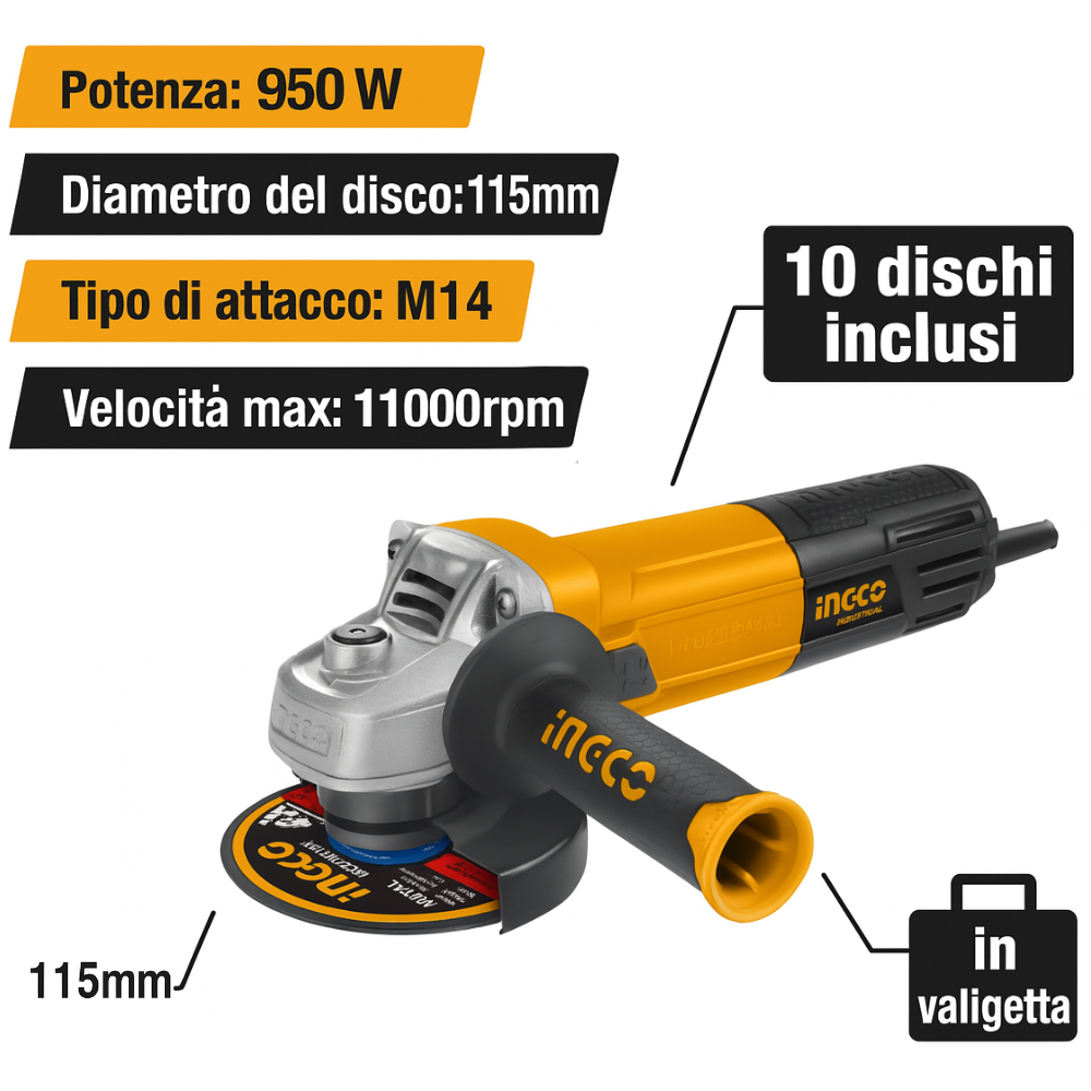 Smerigliatrice angolare 115 mm 950w 10 dischi valigetta preparazione superfici