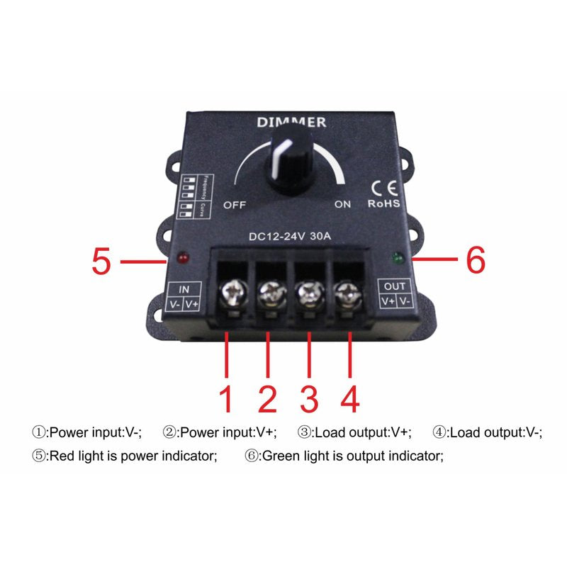 Led Dimmer PWM Manuale Con Rotella Frequenza e Curva Regolabile 12V 24V 30A DM110