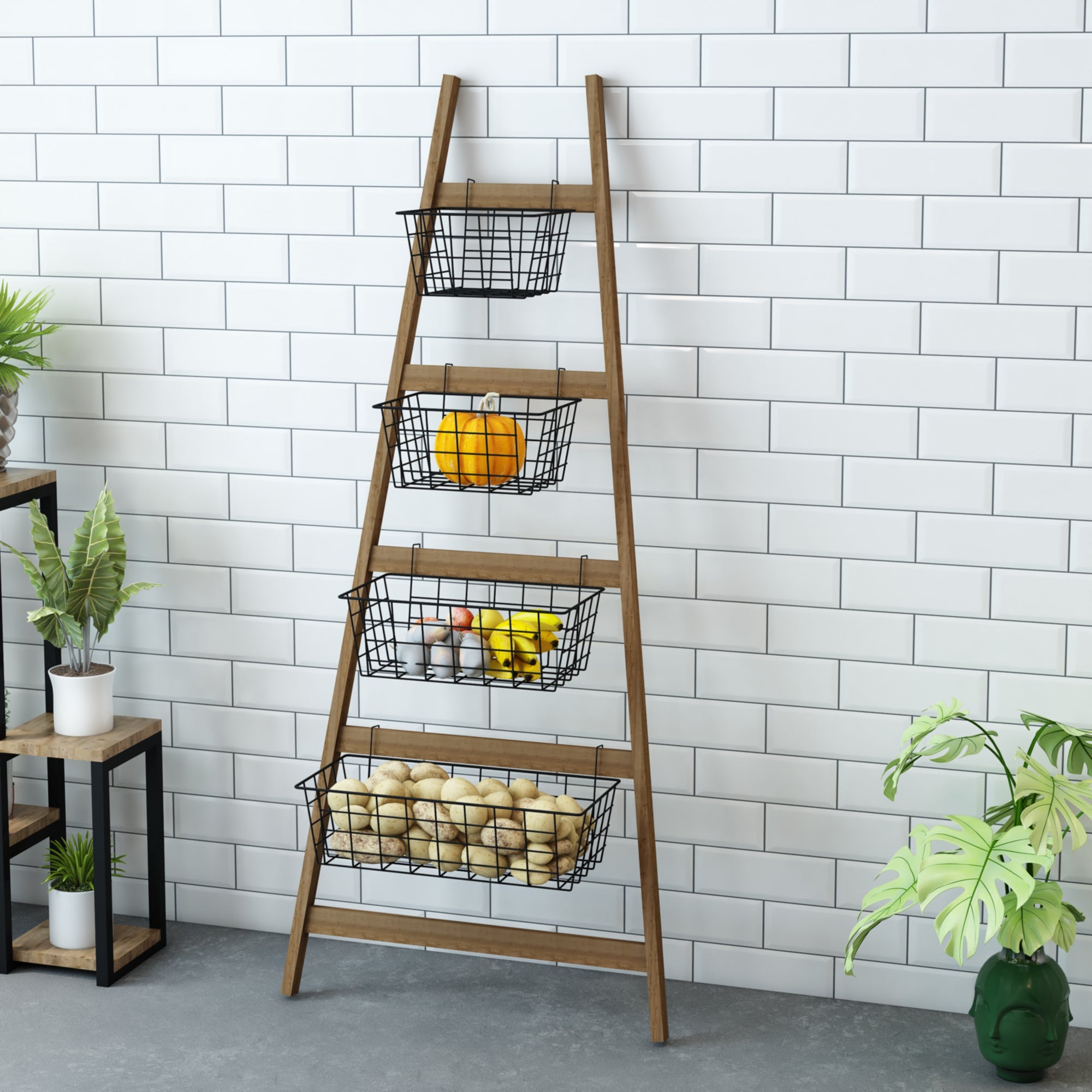Scaffale Sejlflod Scaletta in Legno con 4 Cesti Metallici Rimovibili [en.casa]