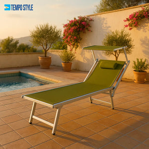 Tempo Style - Lettino Prendisole Verde Pastello  con Parasole e telaio bianco