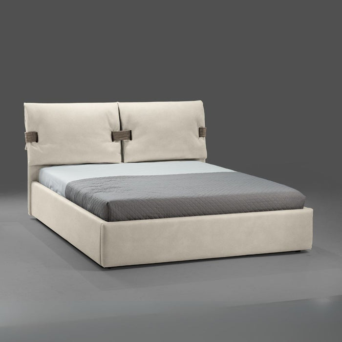 Letto matrimoniale contenitore Grenoble in tessuto Barrel 04 beige con particolari Barrel 21 tortora