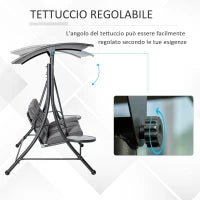 Dondolo da Giardino a 3 Posti , Dondolo da Esterno con Tettuccio Regolabile e 2 Tavolini, Grigio 271x125x177cm