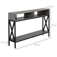 Tavolo Consolle Stile Vintage Industriale con 3 Ripiani e Telaio in Metallo, Grigio e Nero, 120x23.5x75cm