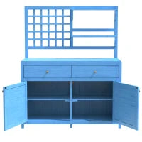 Armadio da giardino in legno con ripiani, armadio multifunzionale per esterni con piano aperto, 141,5x44x105 cm, Blu