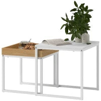 Set di Tavolini da Caffè Impilabili Moderni con Vassoio, 45x45x45 cm, Bianco e Rovere