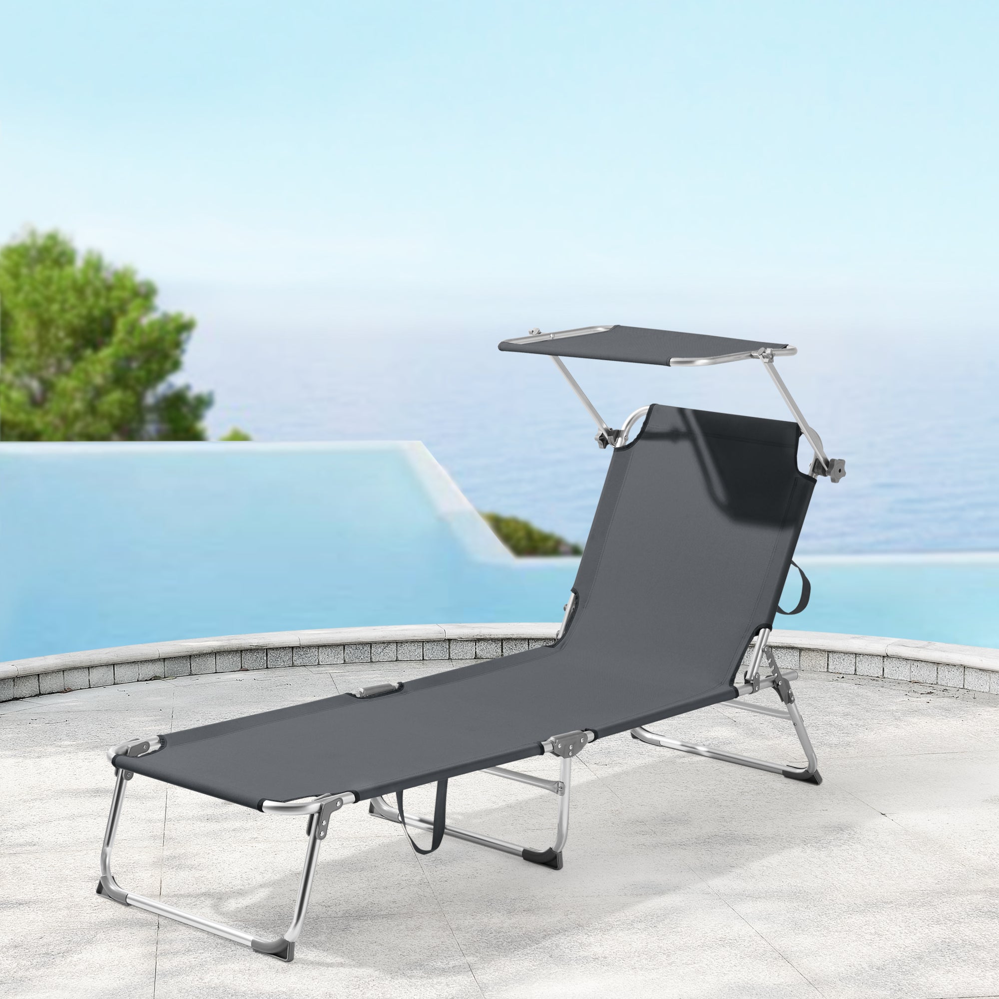 Lettino Prendisole Pieghevole Legorreta con Tettuccio Parasole e Schienale Reclinabile - Grigio Scuro [en.casa]